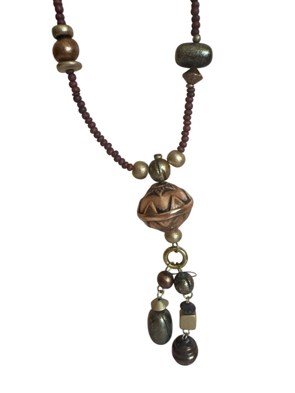 Handmade Beaded Necklace Dangling Bronze Pendant Mixed Metallic Burgundy Boho